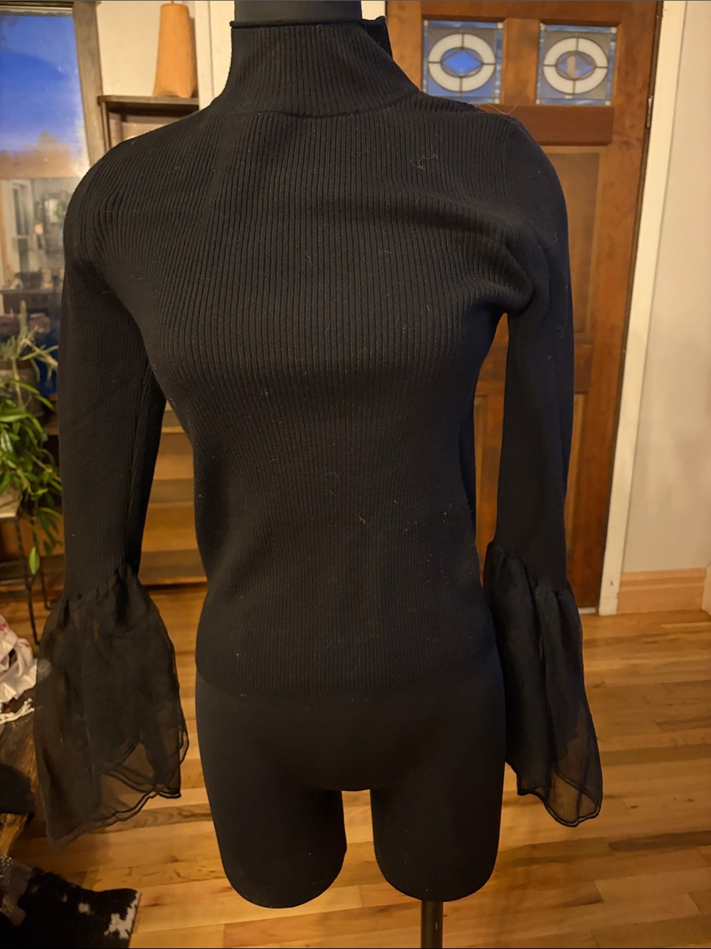 Anthropologie Black Ribbed Mock Neck Top with Sheer Bell Sleeves